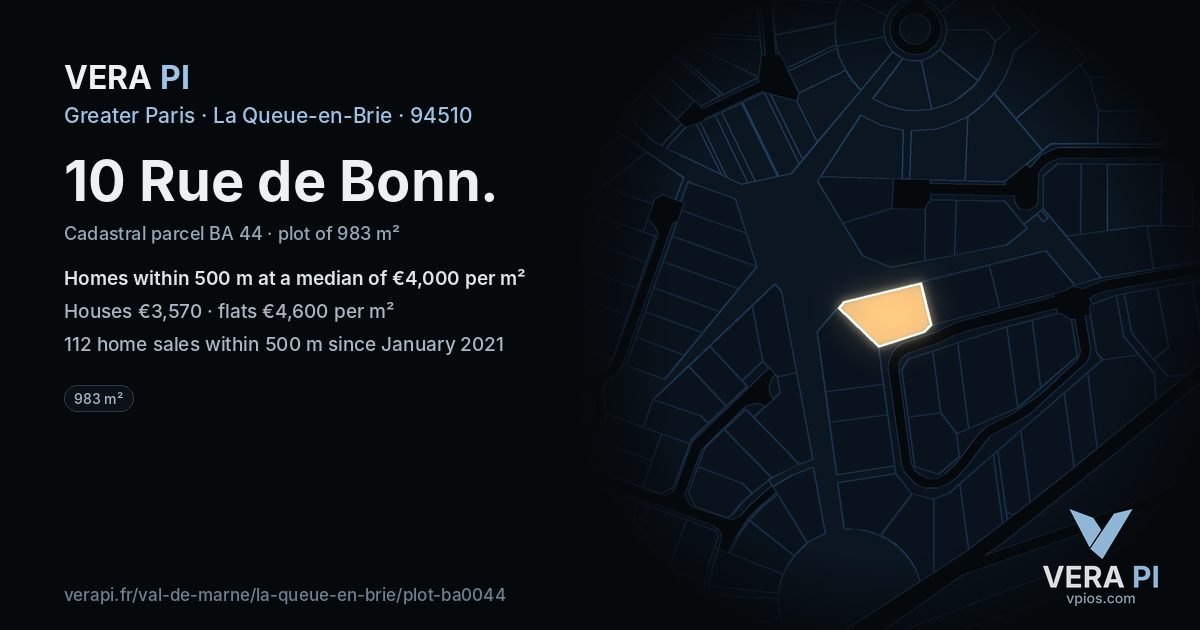10 Rue de Bonn, La Queue-en-Brie at night – the plot lit, the parcels around coloured by the prices near them