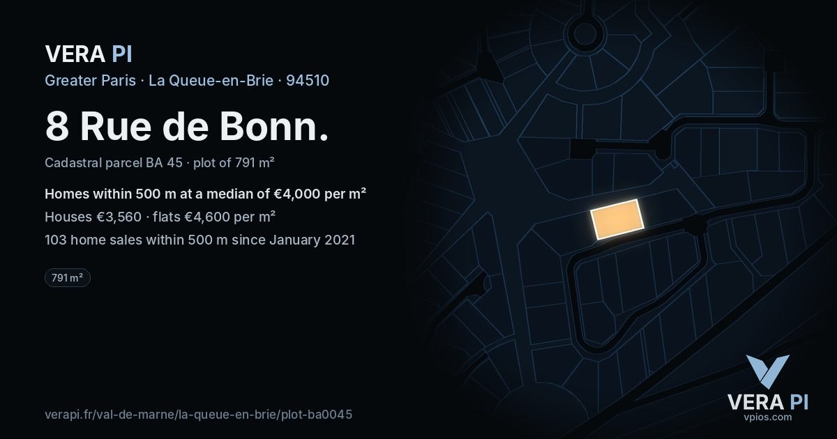 8 Rue de Bonn, La Queue-en-Brie at night – the plot lit, the parcels around coloured by the prices near them