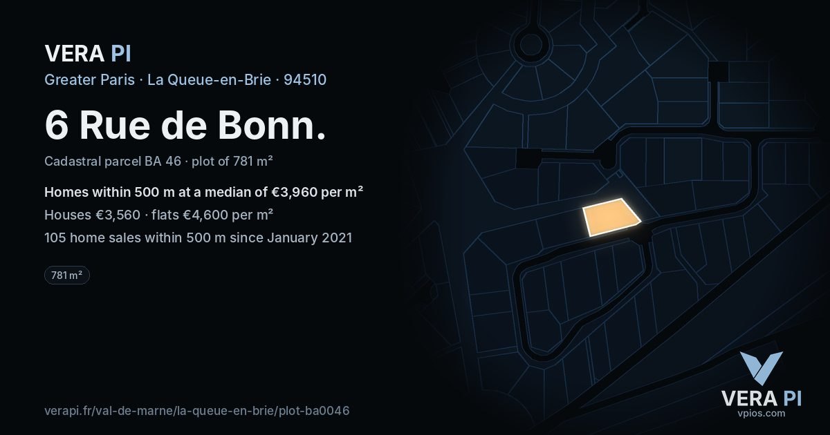 6 Rue de Bonn, La Queue-en-Brie at night – the plot lit, the parcels around coloured by the prices near them