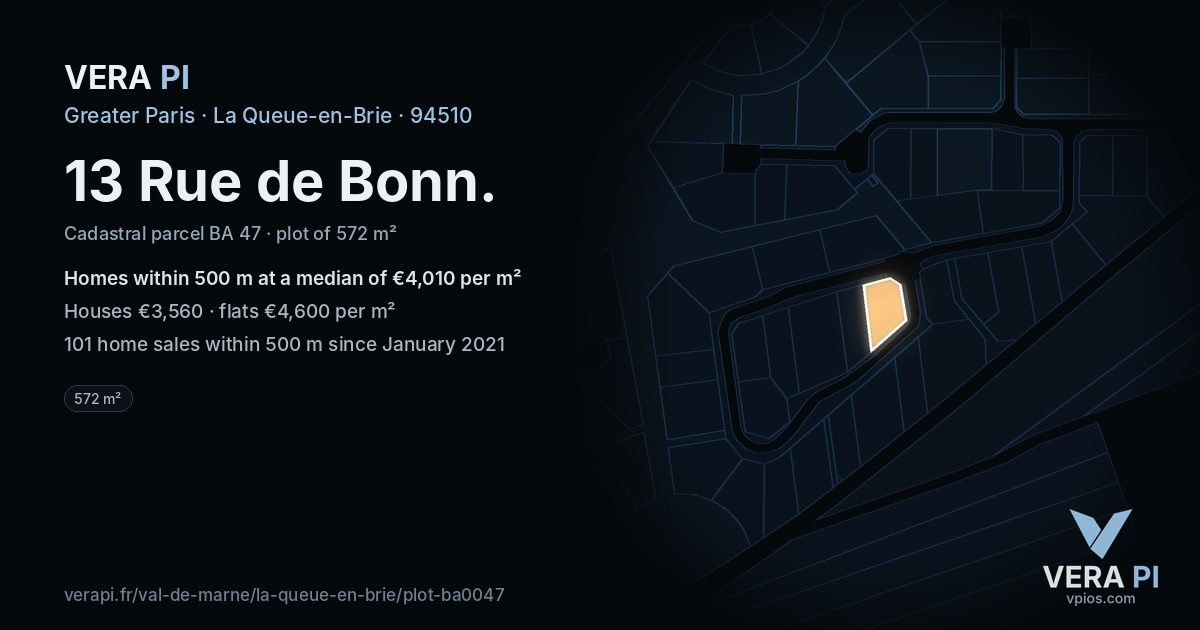 13 Rue de Bonn, La Queue-en-Brie at night – the plot lit, the parcels around coloured by the prices near them