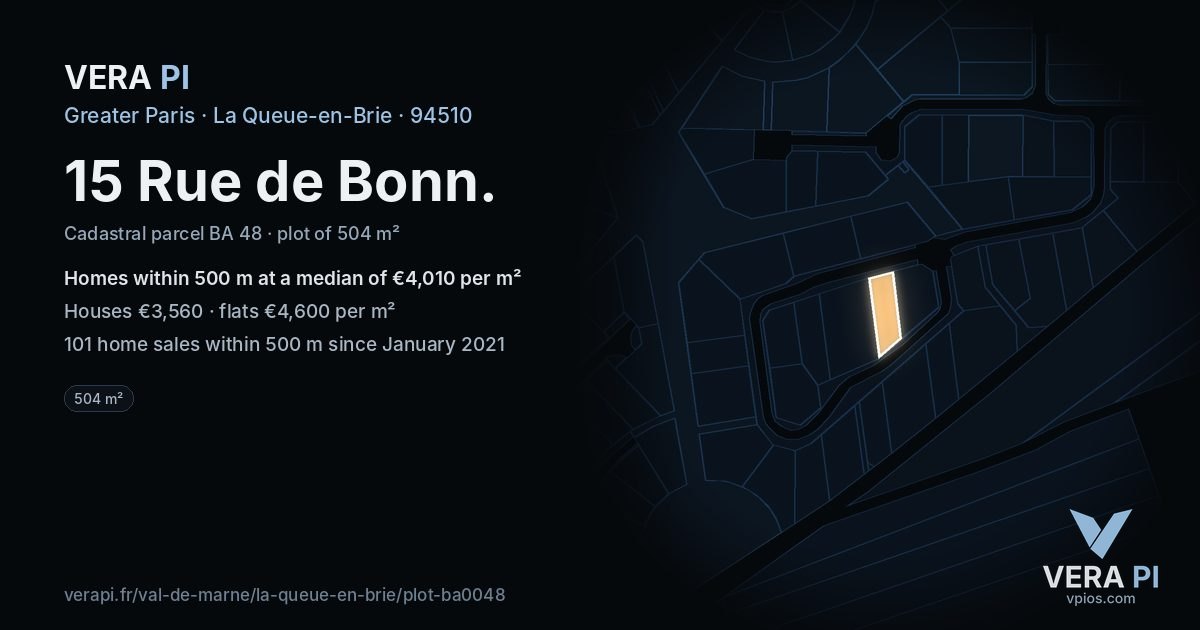 15 Rue de Bonn, La Queue-en-Brie at night – the plot lit, the parcels around coloured by the prices near them