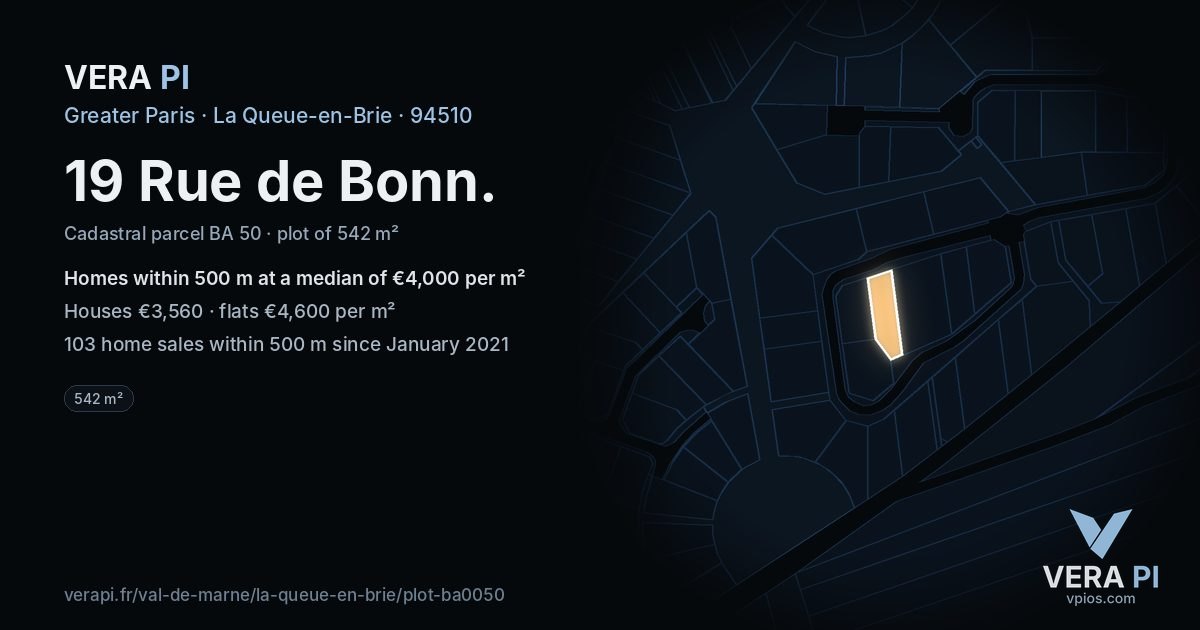 19 Rue de Bonn, La Queue-en-Brie at night – the plot lit, the parcels around coloured by the prices near them