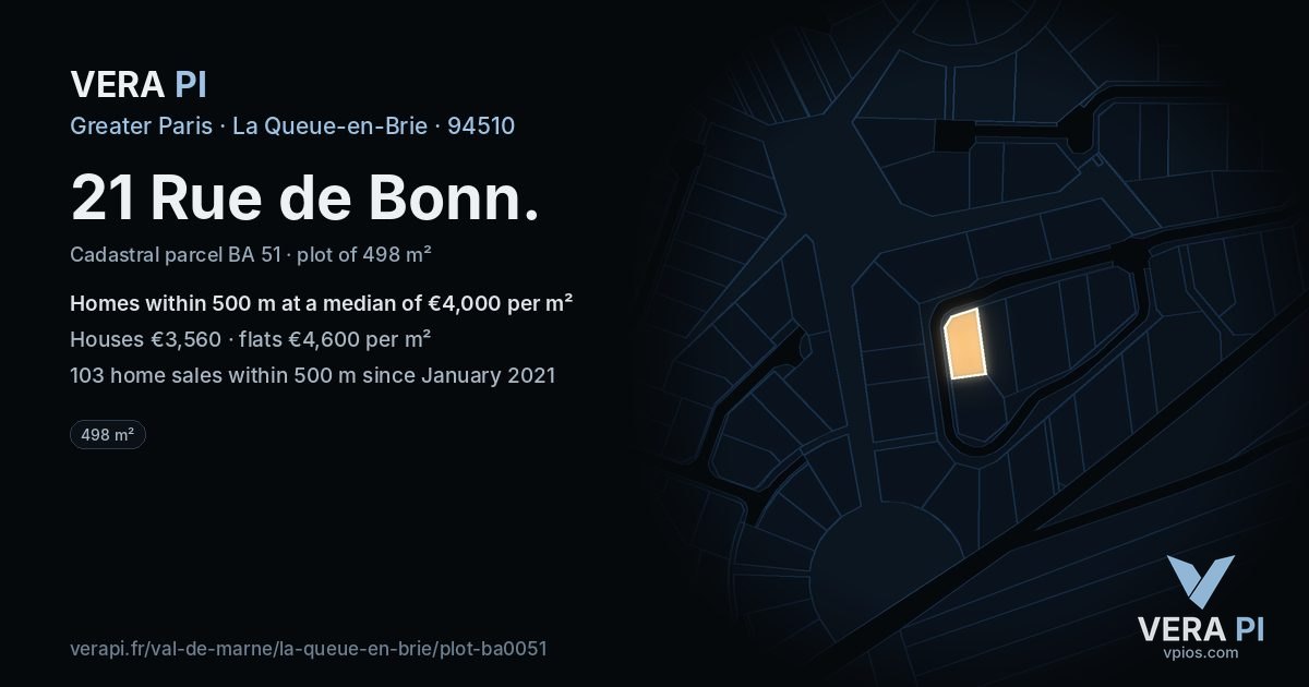 21 Rue de Bonn, La Queue-en-Brie at night – the plot lit, the parcels around coloured by the prices near them