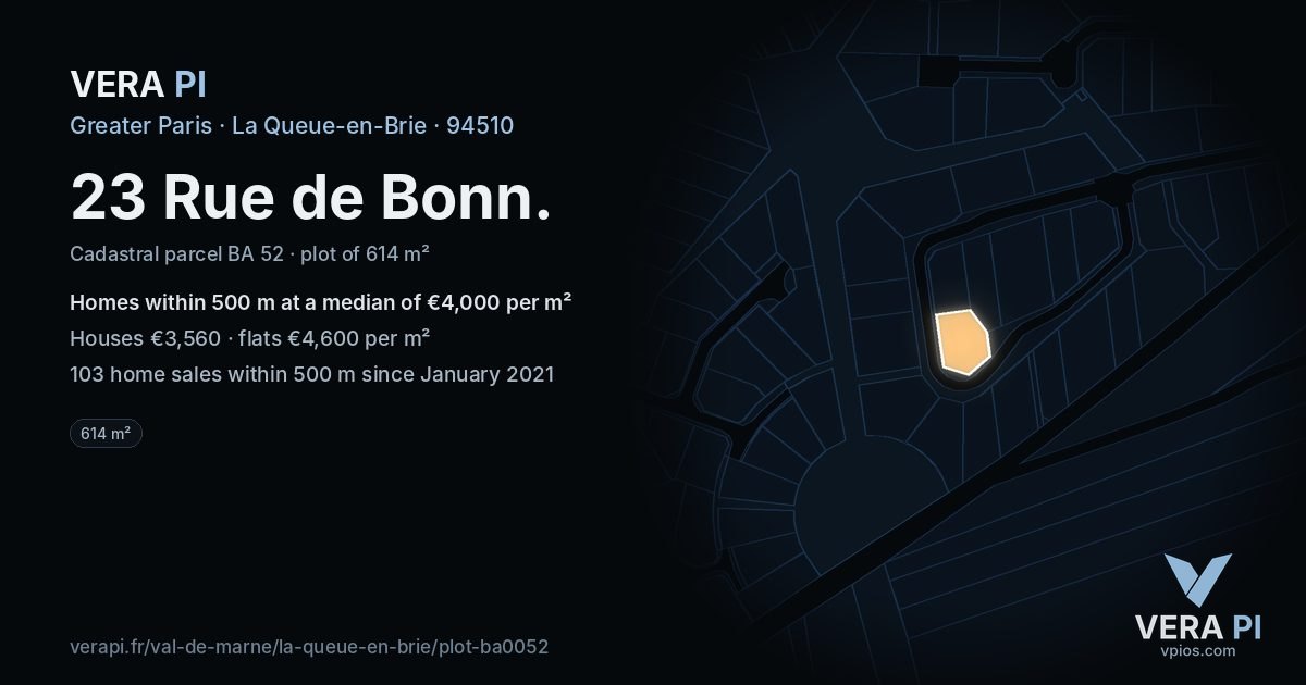 23 Rue de Bonn, La Queue-en-Brie at night – the plot lit, the parcels around coloured by the prices near them