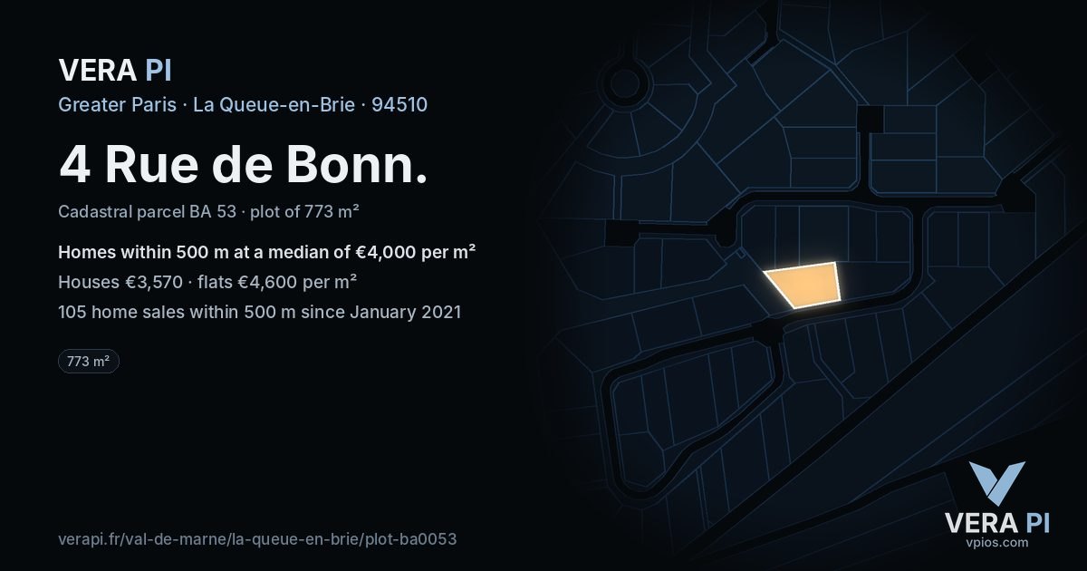 4 Rue de Bonn, La Queue-en-Brie at night – the plot lit, the parcels around coloured by the prices near them