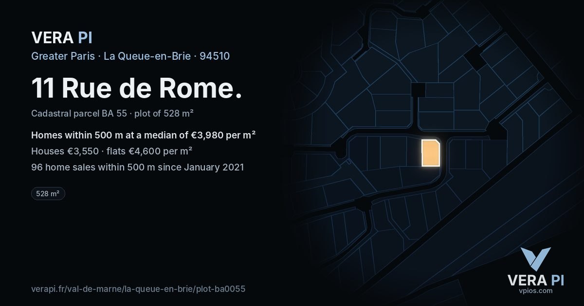 11 Rue de Rome, La Queue-en-Brie at night – the plot lit, the parcels around coloured by the prices near them