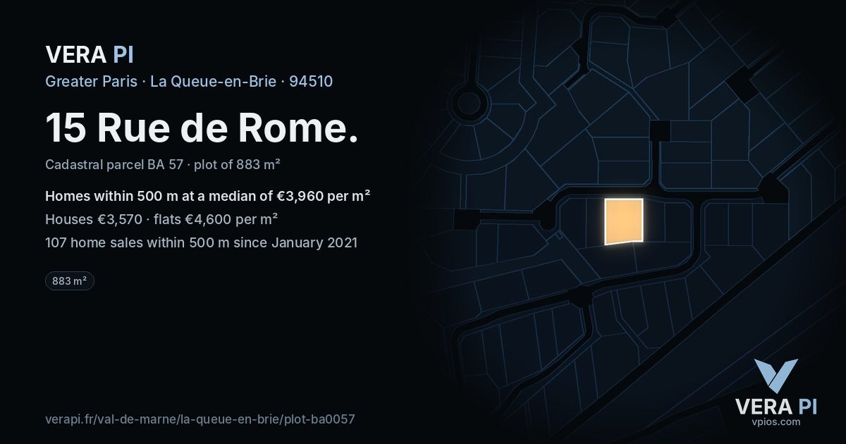 15 Rue de Rome, La Queue-en-Brie at night – the plot lit, the parcels around coloured by the prices near them
