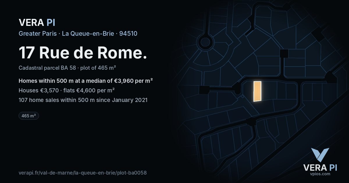 17 Rue de Rome, La Queue-en-Brie at night – the plot lit, the parcels around coloured by the prices near them