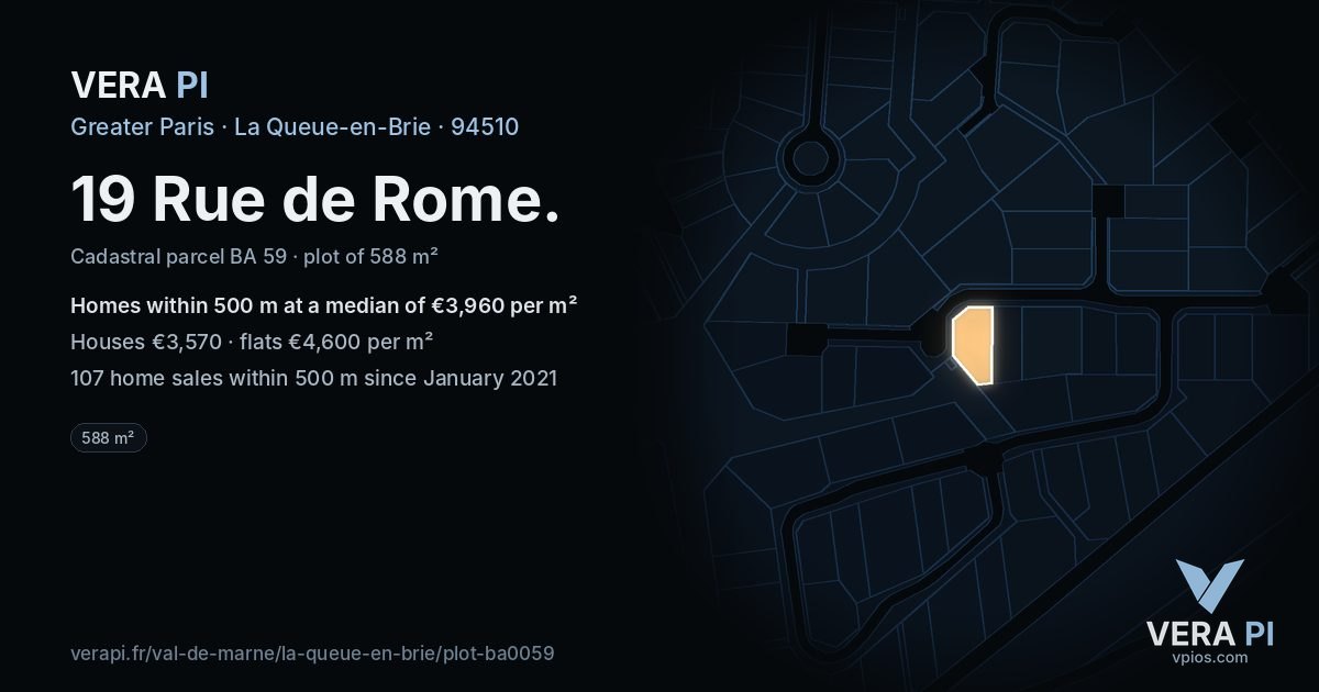 19 Rue de Rome, La Queue-en-Brie at night – the plot lit, the parcels around coloured by the prices near them