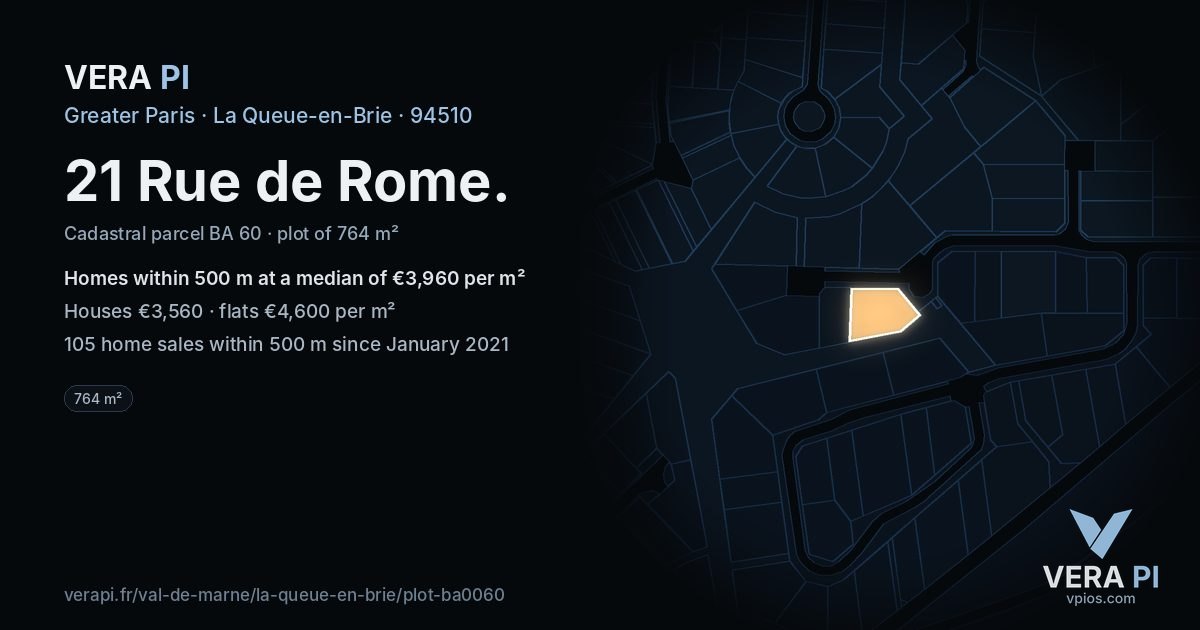 21 Rue de Rome, La Queue-en-Brie at night – the plot lit, the parcels around coloured by the prices near them