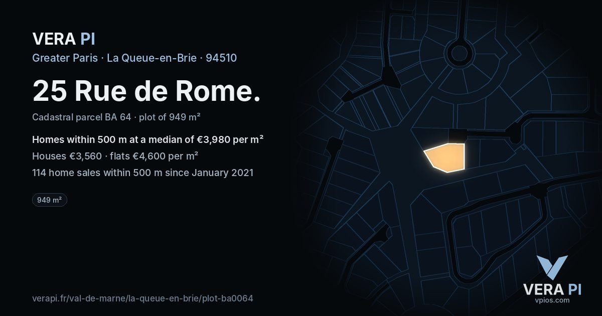 25 Rue de Rome, La Queue-en-Brie at night – the plot lit, the parcels around coloured by the prices near them