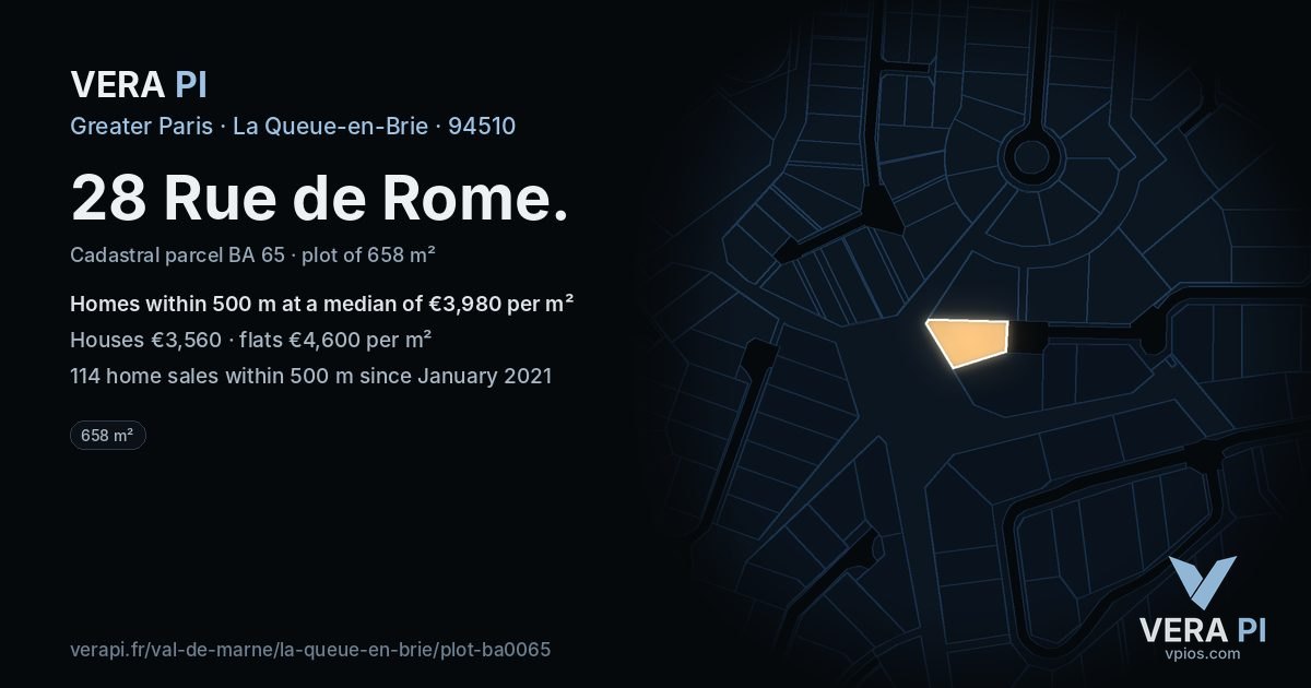 28 Rue de Rome, La Queue-en-Brie at night – the plot lit, the parcels around coloured by the prices near them
