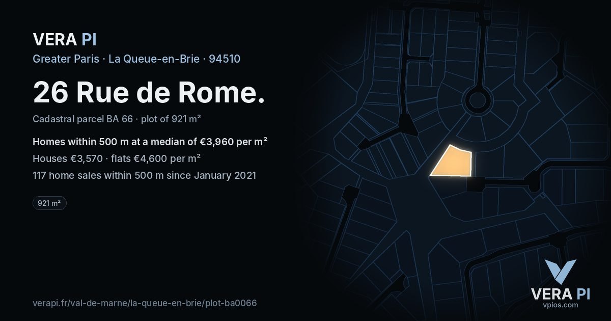 26 Rue de Rome, La Queue-en-Brie at night – the plot lit, the parcels around coloured by the prices near them