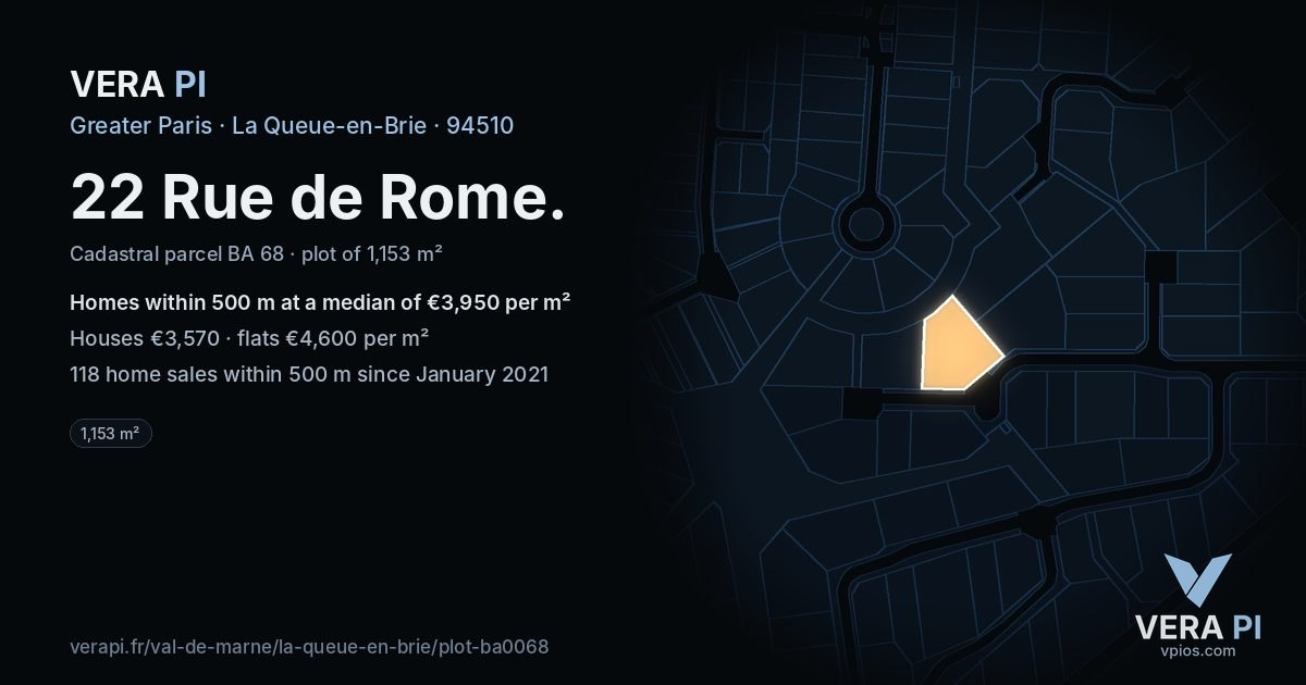 22 Rue de Rome, La Queue-en-Brie at night – the plot lit, the parcels around coloured by the prices near them