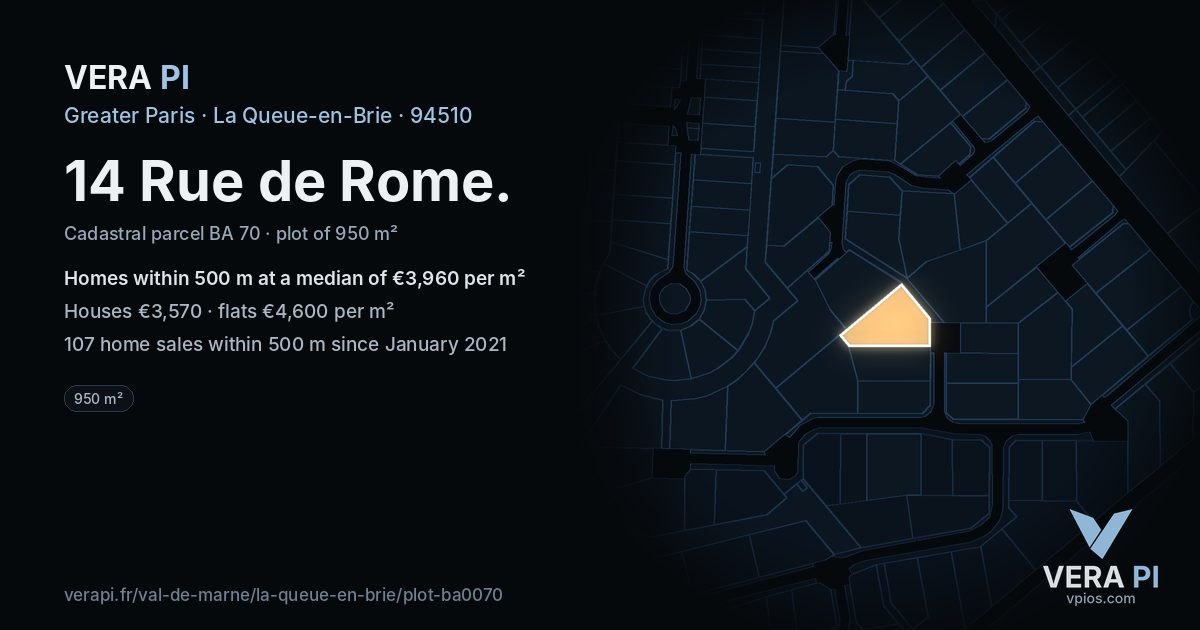 14 Rue de Rome, La Queue-en-Brie at night – the plot lit, the parcels around coloured by the prices near them