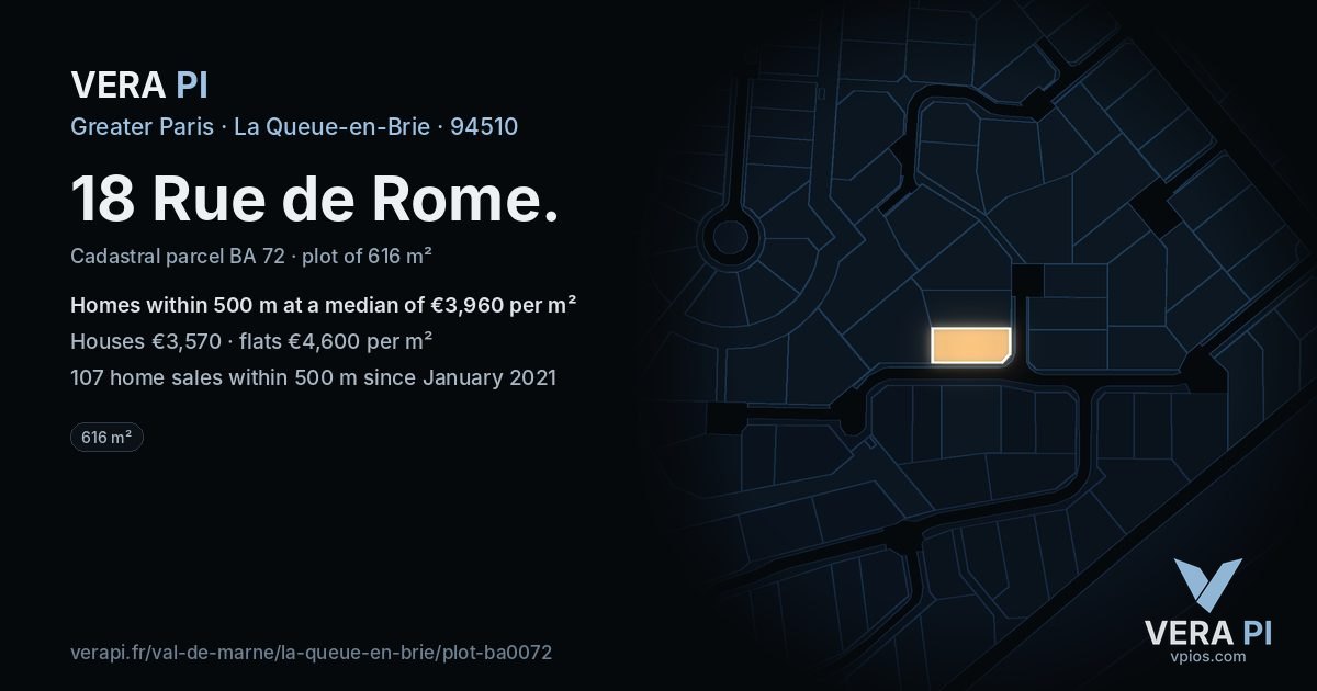 18 Rue de Rome, La Queue-en-Brie at night – the plot lit, the parcels around coloured by the prices near them