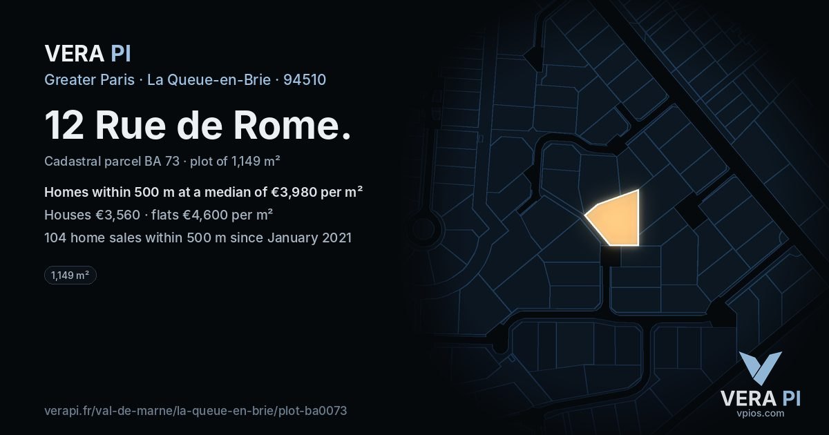 12 Rue de Rome, La Queue-en-Brie at night – the plot lit, the parcels around coloured by the prices near them