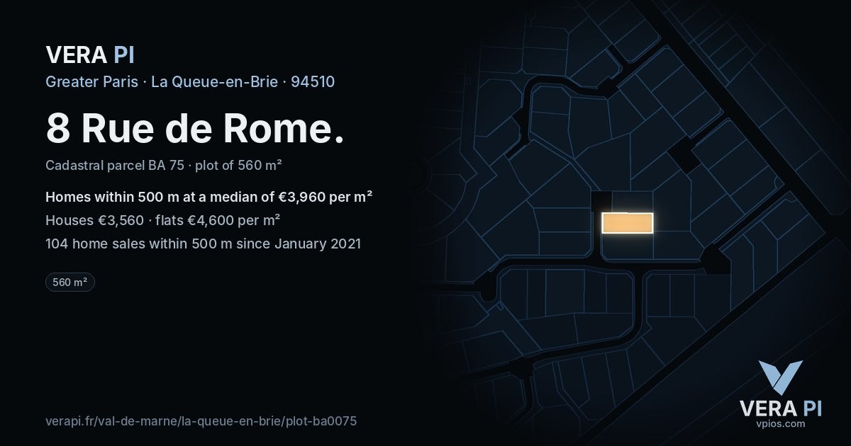 8 Rue de Rome, La Queue-en-Brie at night – the plot lit, the parcels around coloured by the prices near them