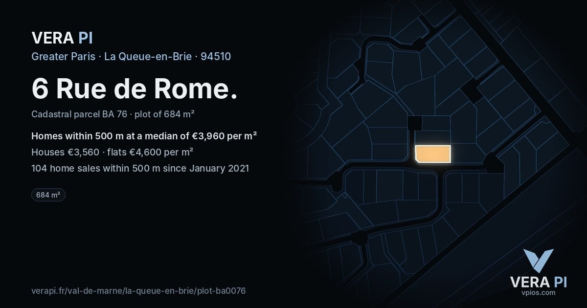 6 Rue de Rome, La Queue-en-Brie at night – the plot lit, the parcels around coloured by the prices near them