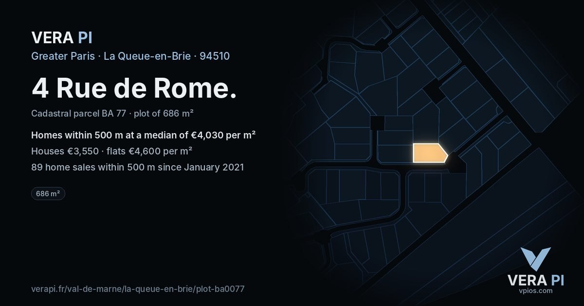 4 Rue de Rome, La Queue-en-Brie at night – the plot lit, the parcels around coloured by the prices near them