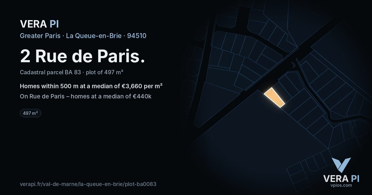 2 Rue de Paris, La Queue-en-Brie at night – the plot lit, the parcels around coloured by the prices near them