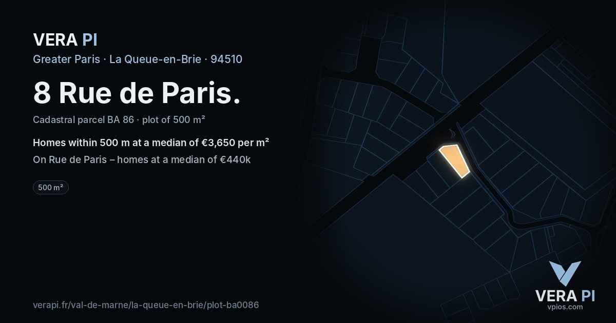 8 Rue de Paris, La Queue-en-Brie at night – the plot lit, the parcels around coloured by the prices near them
