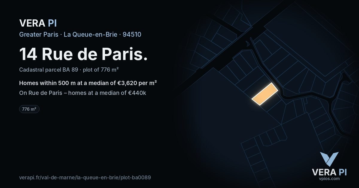 14 Rue de Paris, La Queue-en-Brie at night – the plot lit, the parcels around coloured by the prices near them