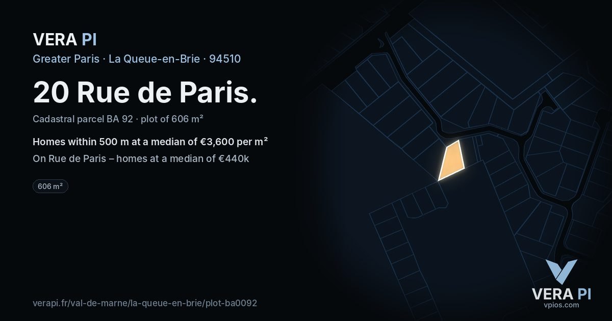 20 Rue de Paris, La Queue-en-Brie at night – the plot lit, the parcels around coloured by the prices near them
