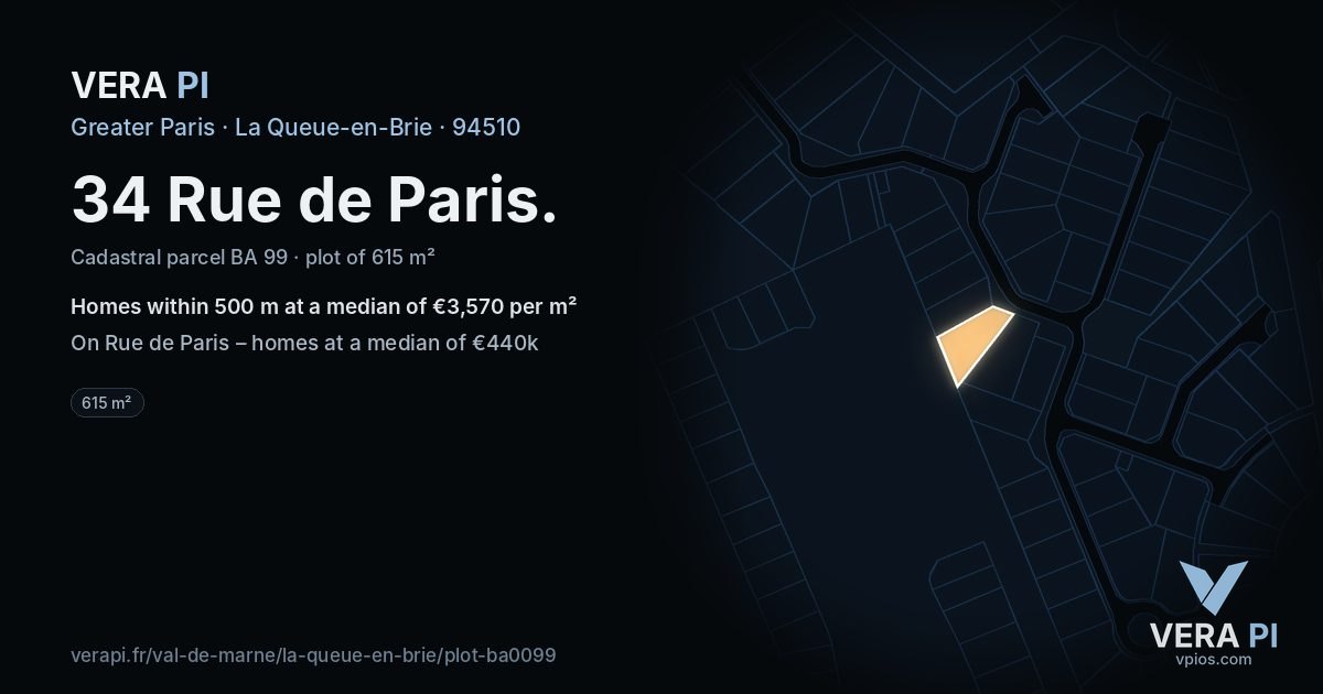 34 Rue de Paris, La Queue-en-Brie at night – the plot lit, the parcels around coloured by the prices near them