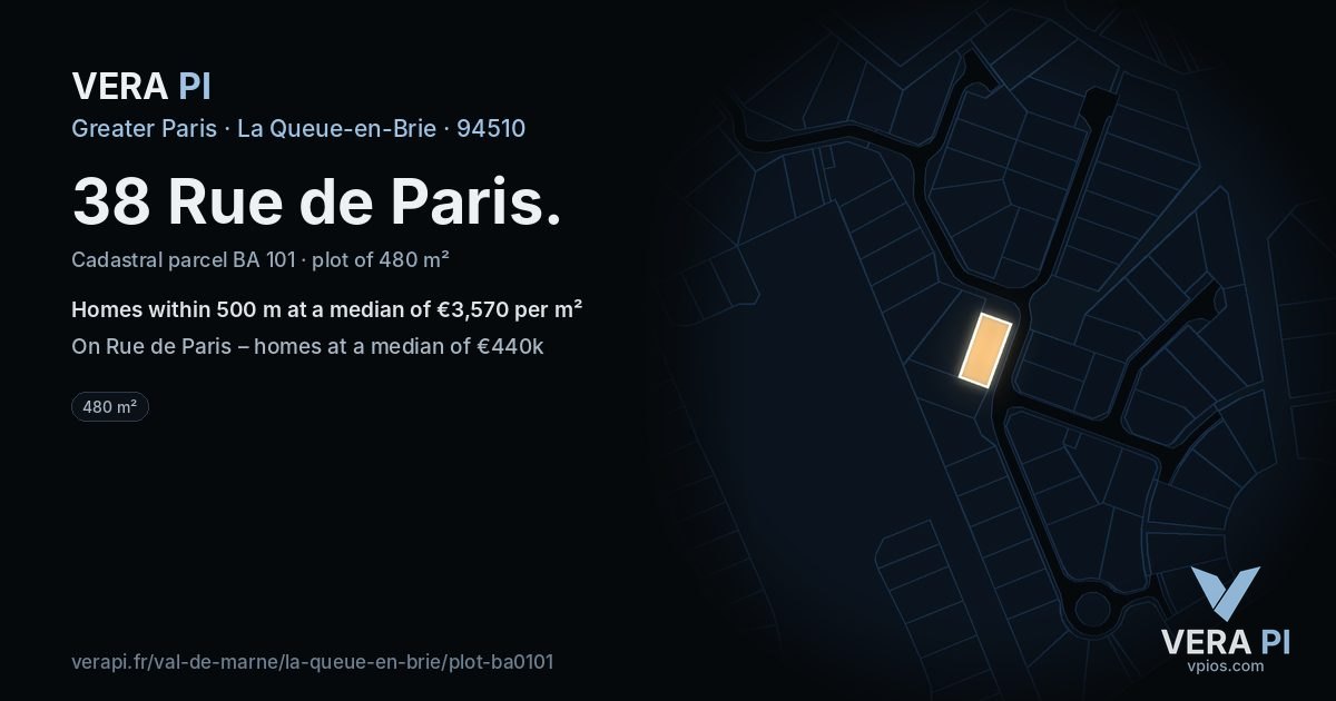 38 Rue de Paris, La Queue-en-Brie at night – the plot lit, the parcels around coloured by the prices near them
