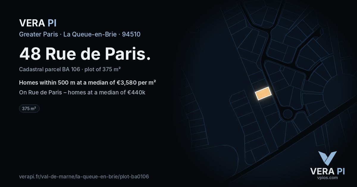 48 Rue de Paris, La Queue-en-Brie at night – the plot lit, the parcels around coloured by the prices near them