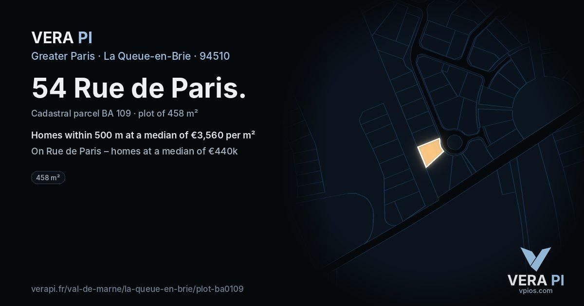 54 Rue de Paris, La Queue-en-Brie at night – the plot lit, the parcels around coloured by the prices near them