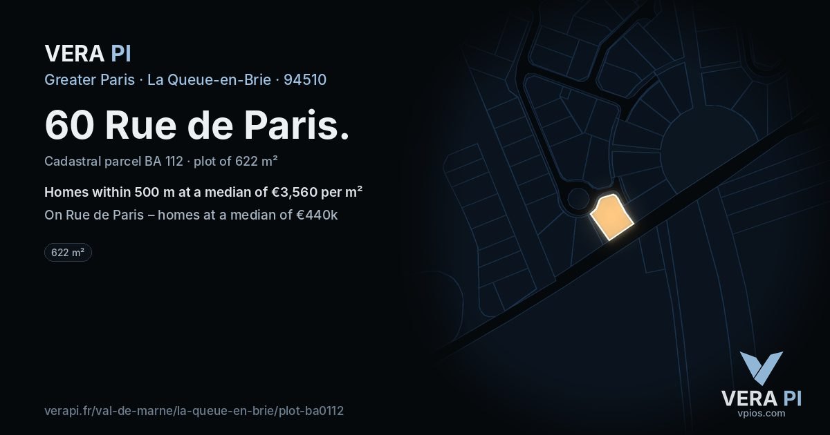 60 Rue de Paris, La Queue-en-Brie at night – the plot lit, the parcels around coloured by the prices near them