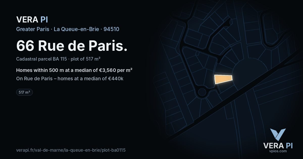 66 Rue de Paris, La Queue-en-Brie at night – the plot lit, the parcels around coloured by the prices near them