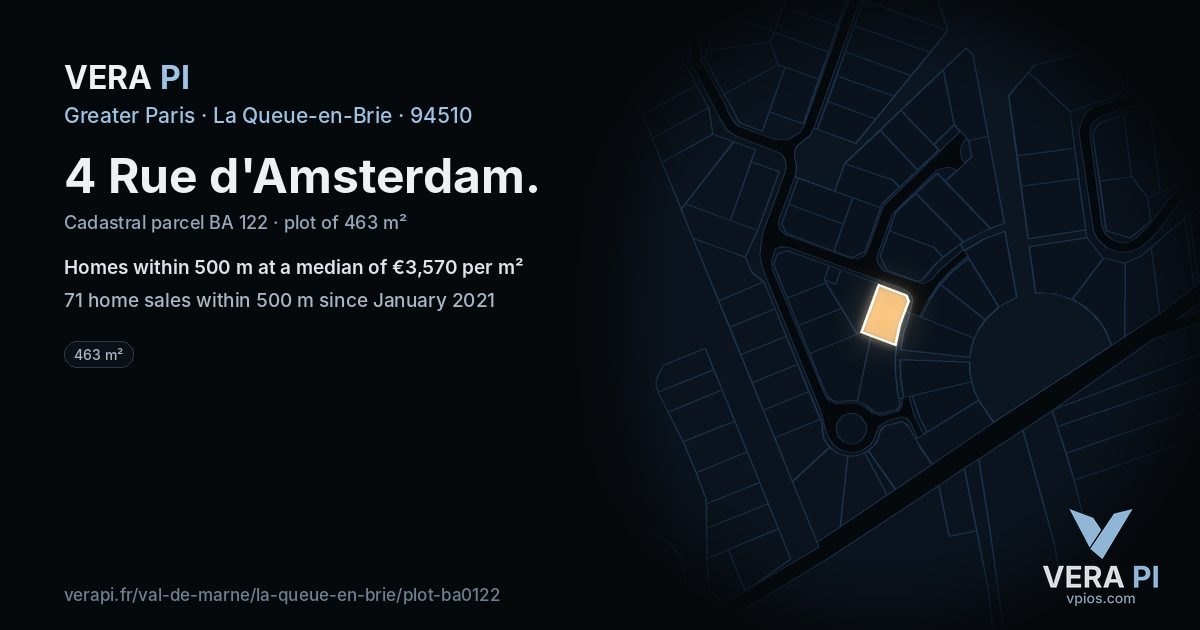 4 Rue d'Amsterdam, La Queue-en-Brie at night – the plot lit, the parcels around coloured by the prices near them