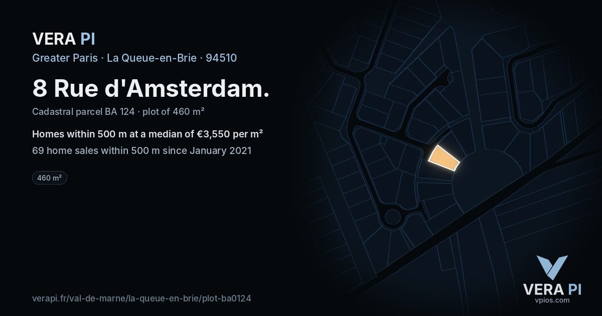 8 Rue d'Amsterdam, La Queue-en-Brie at night – the plot lit, the parcels around coloured by the prices near them