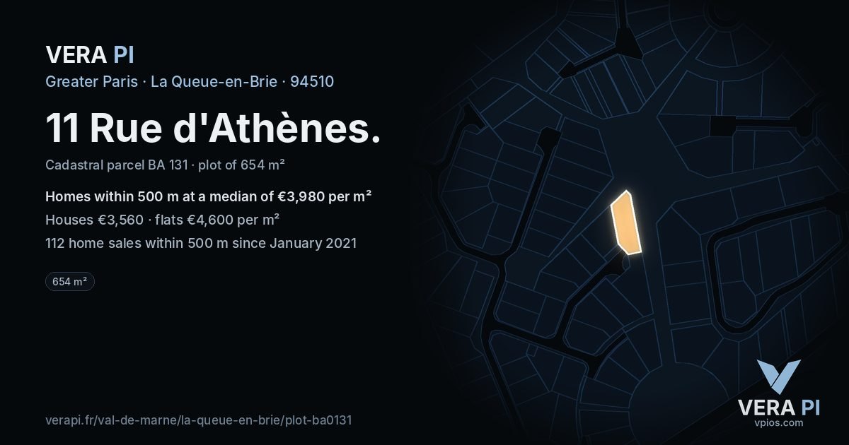 11 Rue d'Athènes, La Queue-en-Brie at night – the plot lit, the parcels around coloured by the prices near them