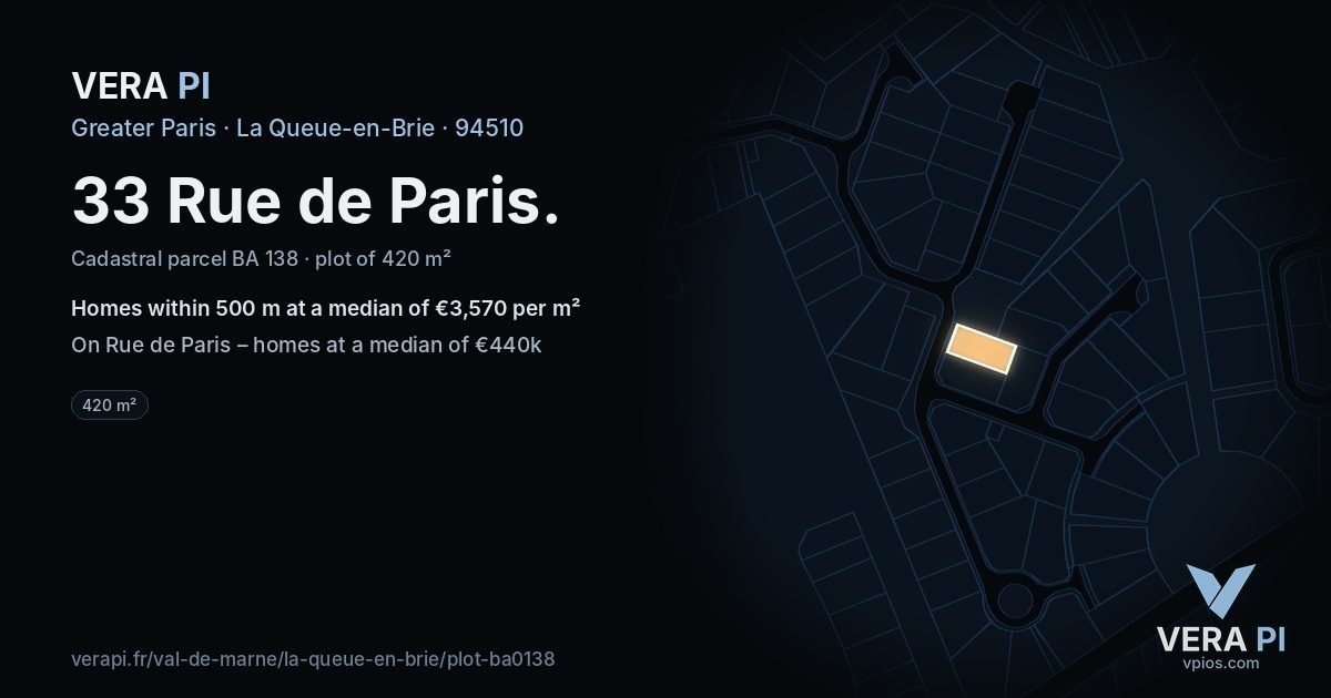 33 Rue de Paris, La Queue-en-Brie at night – the plot lit, the parcels around coloured by the prices near them