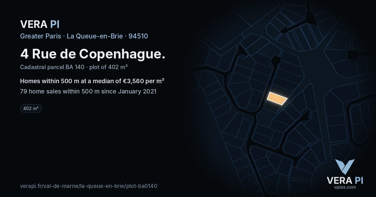 4 Rue de Copenhague, La Queue-en-Brie at night – the plot lit, the parcels around coloured by the prices near them