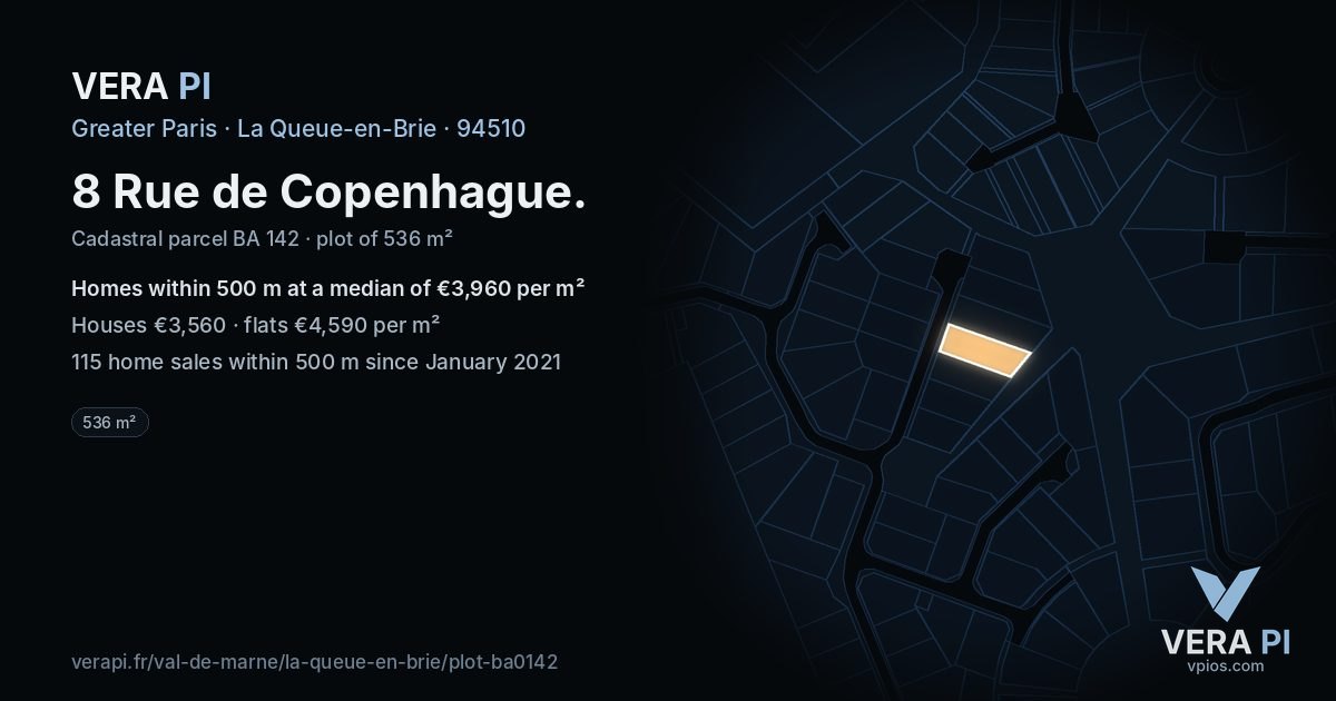 8 Rue de Copenhague, La Queue-en-Brie at night – the plot lit, the parcels around coloured by the prices near them