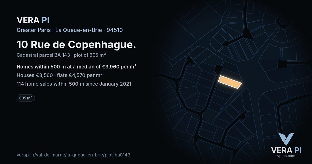 10 Rue de Copenhague, La Queue-en-Brie at night – the plot lit, the parcels around coloured by the prices near them