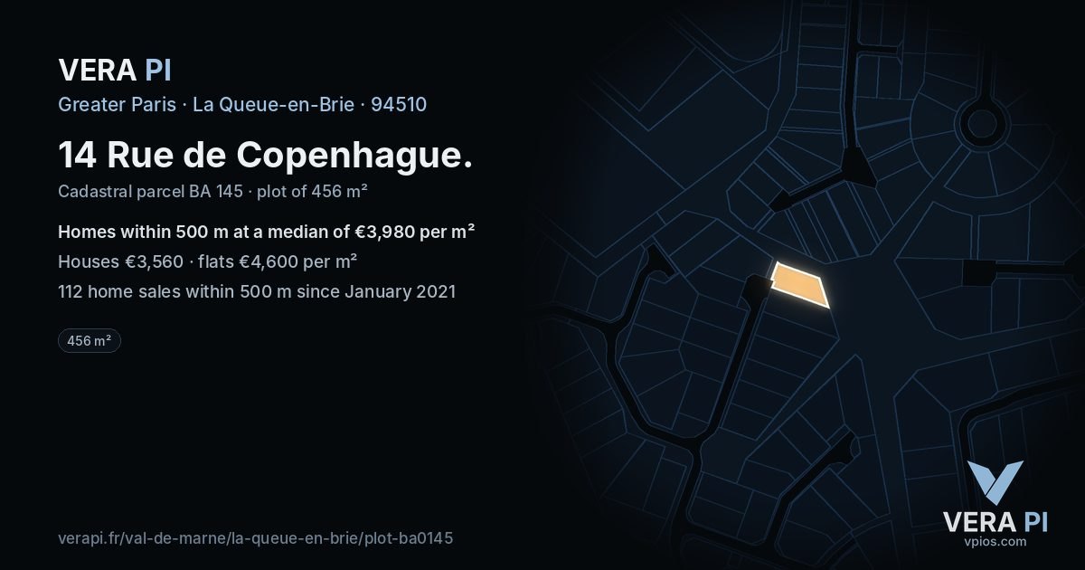 14 Rue de Copenhague, La Queue-en-Brie at night – the plot lit, the parcels around coloured by the prices near them