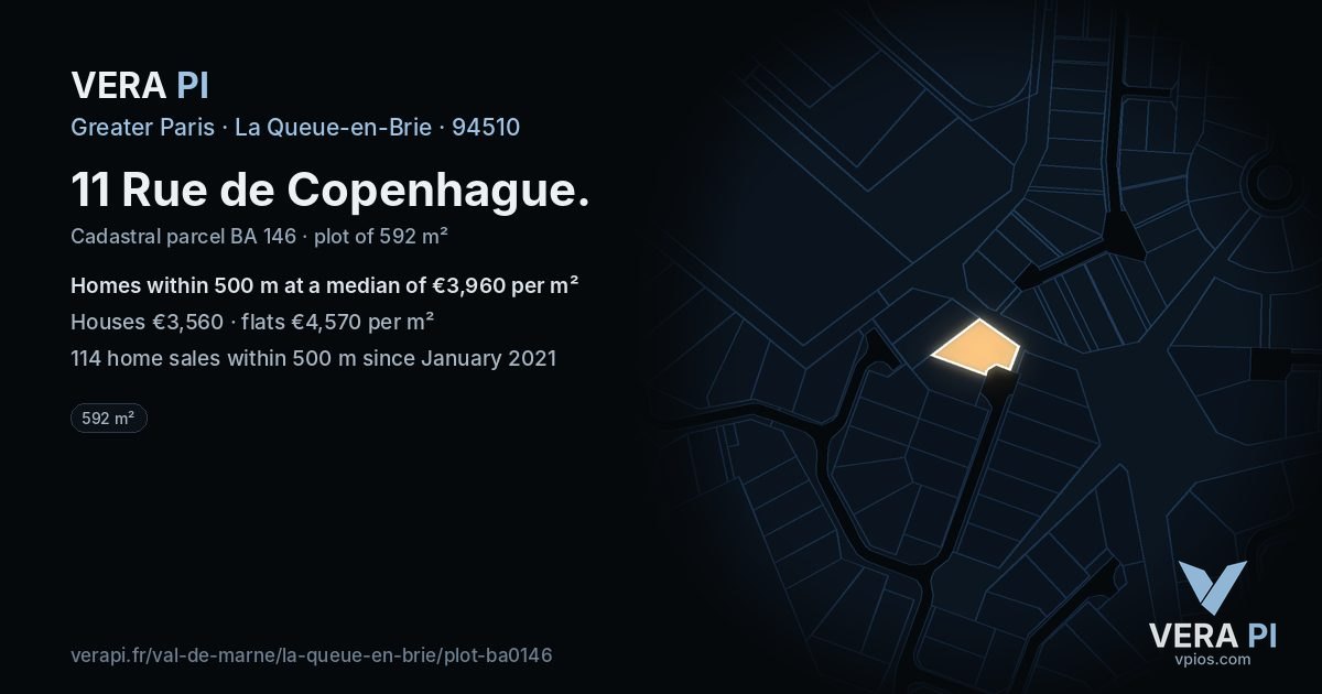 11 Rue de Copenhague, La Queue-en-Brie at night – the plot lit, the parcels around coloured by the prices near them