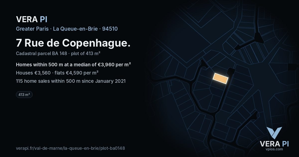 7 Rue de Copenhague, La Queue-en-Brie at night – the plot lit, the parcels around coloured by the prices near them