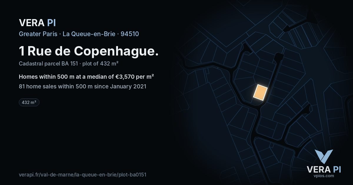 1 Rue de Copenhague, La Queue-en-Brie at night – the plot lit, the parcels around coloured by the prices near them