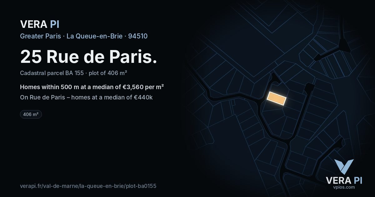 25 Rue de Paris, La Queue-en-Brie at night – the plot lit, the parcels around coloured by the prices near them