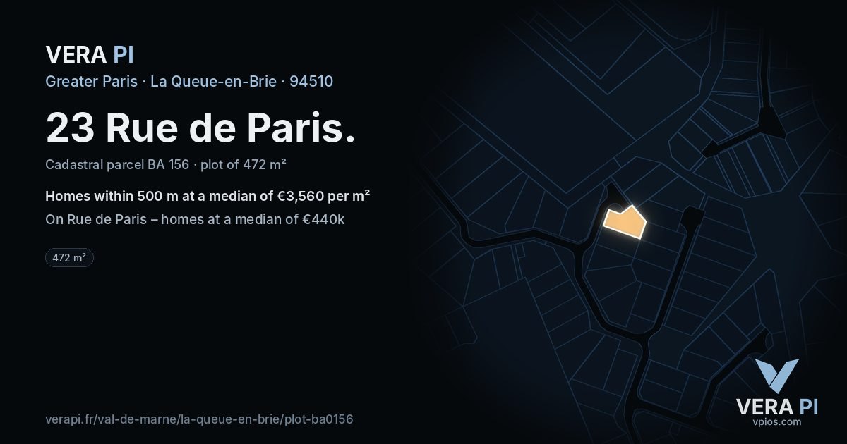 23 Rue de Paris, La Queue-en-Brie at night – the plot lit, the parcels around coloured by the prices near them