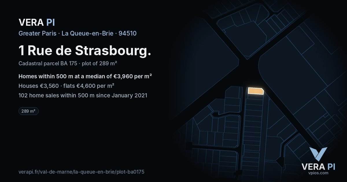 1 Rue de Strasbourg, La Queue-en-Brie at night – the plot lit, the parcels around coloured by the prices near them
