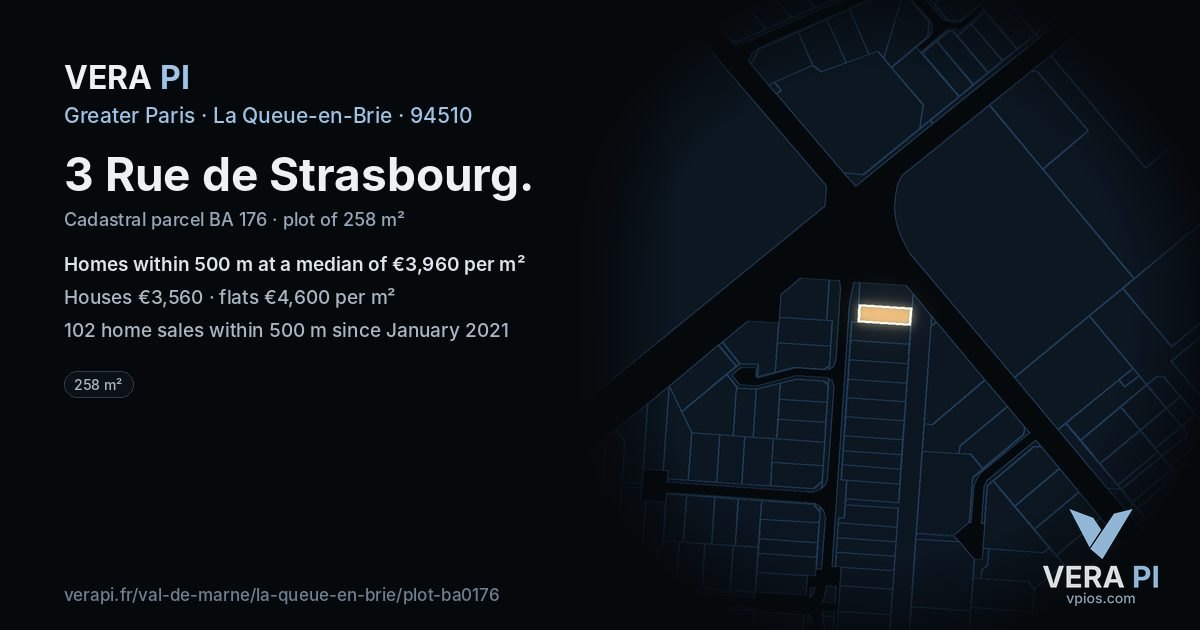 3 Rue de Strasbourg, La Queue-en-Brie at night – the plot lit, the parcels around coloured by the prices near them