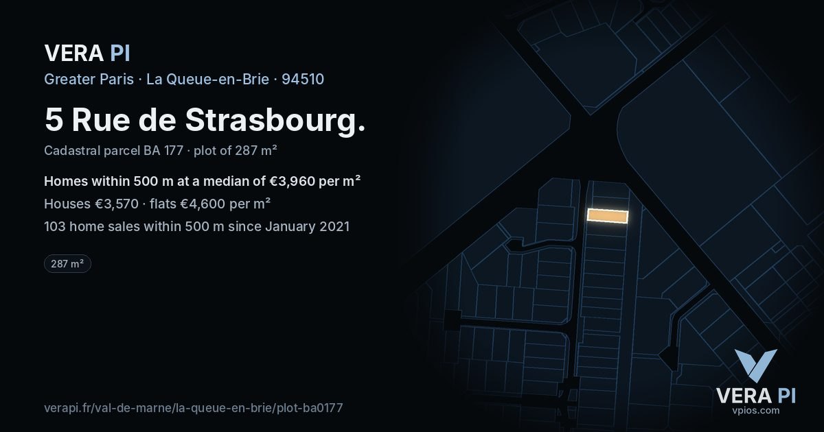 5 Rue de Strasbourg, La Queue-en-Brie at night – the plot lit, the parcels around coloured by the prices near them